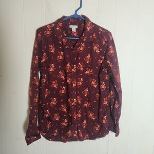 Garnet Hill Organic Pima Cotton Buttom Down Size 10 Burgundy Floral